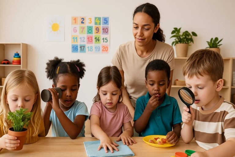 Crianças da pré-escola explorando os cinco sentidos em estações sensoriais, guiadas pela professora.
