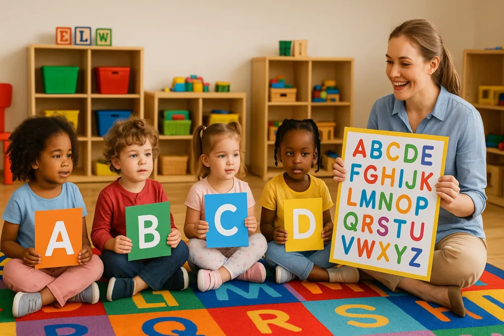 Um grupo diverso de crianças de 2 a 3 anos, algumas com cachos e outras com tranças, sentadas em um tapete colorido em formato de alfabeto. Cada criança segura um cartão grande com uma letra estampada em cor vibrante. A professora, sorridente, está ajoelhada ao lado, mostrando um grande cartaz do alfabeto enquanto incentiva a turma.