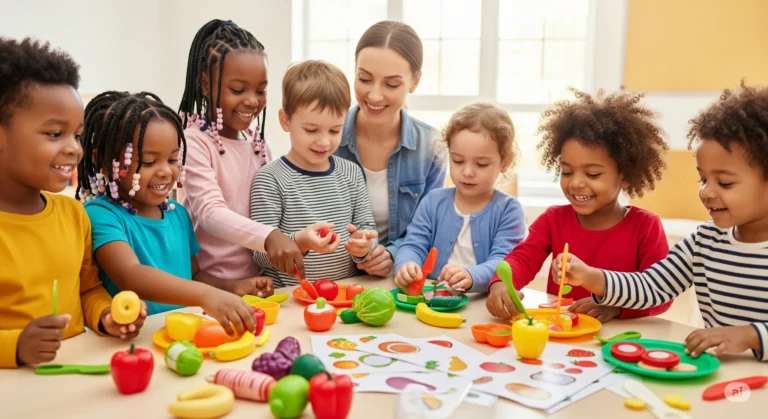 Um grupo diversificado de crianças em idade pré-escolar, algumas com tranças e outras com cabelo encaracolado, envolvidas ativamente numa atividade prática de aprendizagem centrada em alimentação saudável. Elas utilizam frutas de brinquedo coloridas, ilustrações alimentares e utensílios de brinquedo para criar e explorar a temática num ambiente de sala de aula acolhedor e convidativo, com uma professora simpática guiando a experiência. A cena transmite alegria, envolvimento e descoberta.