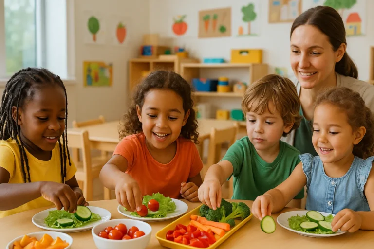 Um grupo diversificado de crianças em idade pré-escolar, algumas com tranças e outras com cabelo encaracolado, envolvidas ativamente numa atividade prática de aprendizagem centrada em alimentação saudável. Elas utilizam alimentos de verdade como frutas e legumes frescos para montar pratos coloridos num ambiente de sala de aula acolhedor e convidativo, projetado com elementos educativos lúdicos. O ambiente de aprendizagem incentiva a criatividade e o pensamento crítico, com uma professora simpática a ajudar e a guiar as crianças. A cena é banhada por uma luz natural suave, criando uma sensação de calor e vibração dentro da sala de aula. O foco está nos rostos das crianças, revelando sorrisos e momentos de descoberta enquanto aprendem de forma lúdica sobre alimentação saudável através de materiais interativos e táteis, destacando a importância do envolvimento ativo na educação infantil.