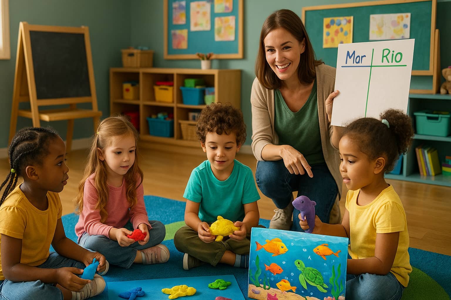 Crianças pré-escolares exploram animais aquáticos em atividade prática guiada pela professora, em sala de aula temática subaquática.