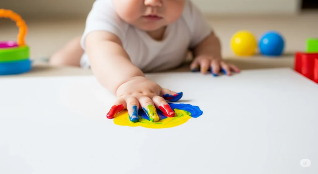 Close-up da mão de um bebê cheia de tinta deixando uma impressão em uma folha de papel.