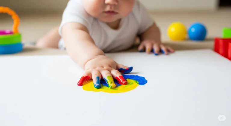 Close-up da mão de um bebê cheia de tinta deixando uma impressão em uma folha de papel.