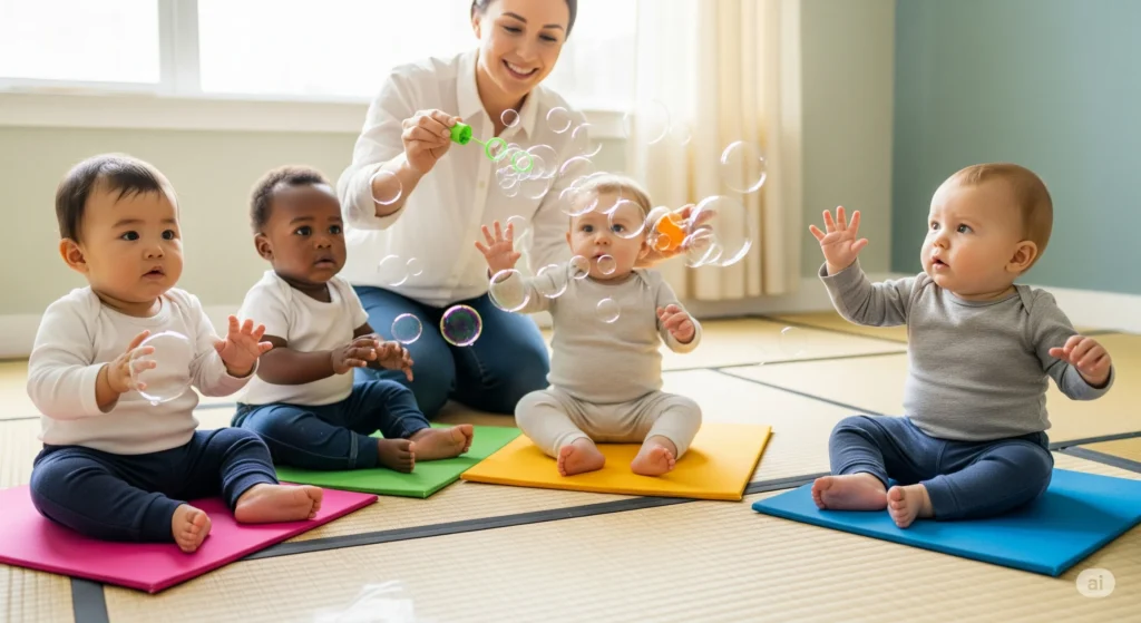 Bebês de diferentes etnias, sentados em tatames coloridos, observam, tocam e tentam estourar bolhas de sabão reluzentes, enquanto uma educadora gentil sopra as bolhas. A luz natural entra pela janela, destacando o brilho das bolhas e os olhares curiosos das crianças.