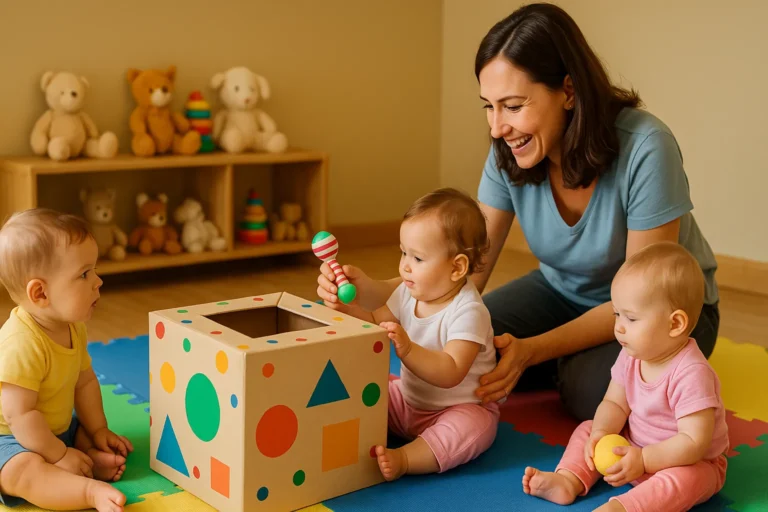 Bebês explorando caixa surpresa em atividade sensorial na creche, auxiliados pela professora.