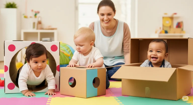 bebês exploram caixas de papelão em atividade sensorial na creche.