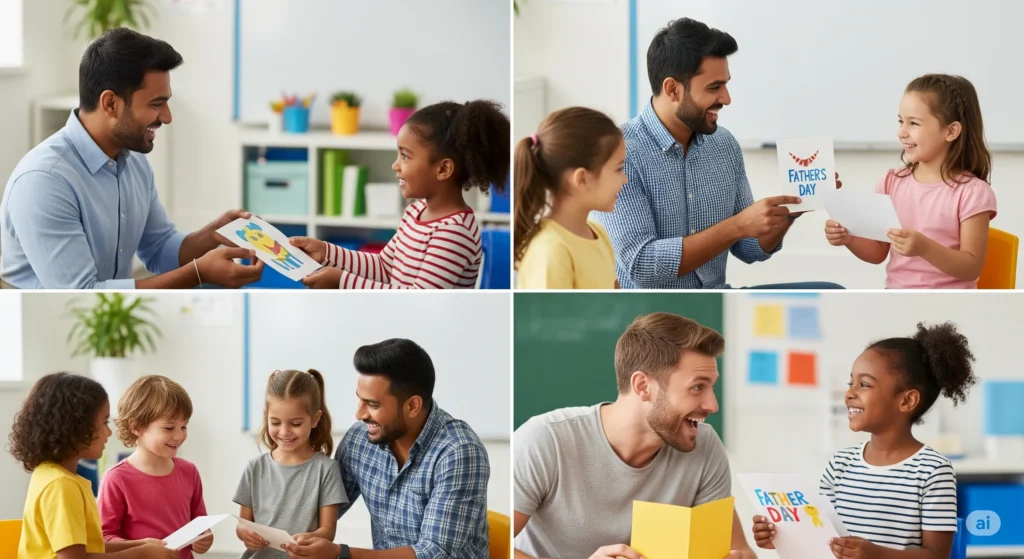 alunos da educação infantil entregando um cartão de dia dos pais para seus pais