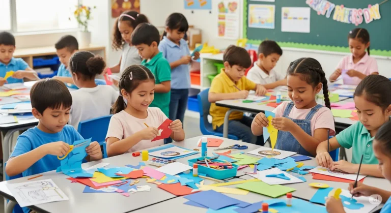 uma sala de aula bem iluminada, cheia de crianças pequenas, algumas com as mãos sujas, a fazer cartões e presentes coloridos para o Dia do Pai. Uma professora gentil, com um sorriso caloroso, ajuda as crianças, guiando-as suavemente e oferecendo encorajamento. A sala de aula apresenta cartazes coloridos e decorações relacionadas ao Dia do Pai, criando uma atmosfera alegre e festiva. As crianças estão envolvidas em várias atividades, incluindo cortar papel, colar, pintar e escrever mensagens sinceras em cartões. Há uma variedade de materiais disponíveis, como papel de construção, cola com glitter, lápis de cera e tinta, refletindo uma variedade diversificada de projetos de artesanato. A luz do sol entra pelas janelas, lançando um brilho suave sobre a cena, criando um ambiente confortável e convidativo. A imagem captura o espírito colaborativo e o entusiasmo alegre das crianças ao criarem presentes atenciosos para o Dia do Pai, enfatizando uma sensação de calor e amor dentro da sala de aula.