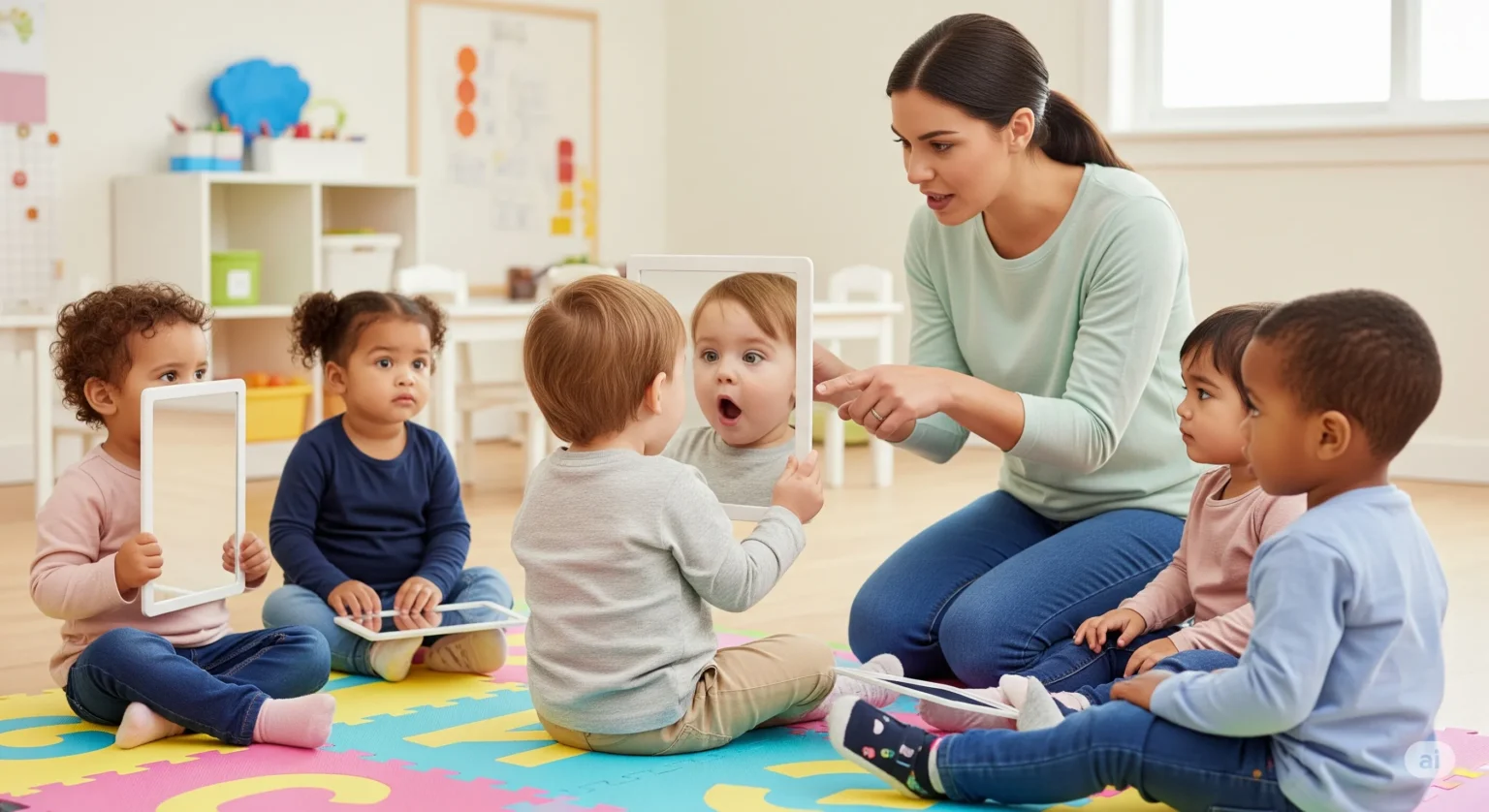 Crianças da creche exploram expressões faciais com espelhos sob orientação da professora, desenvolvendo emoções e linguagem.