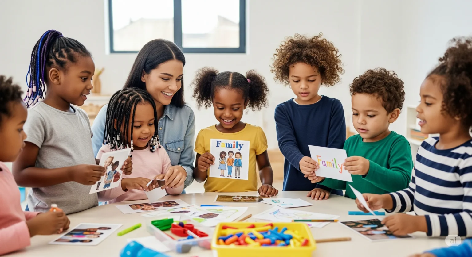 Um grupo diversificado de crianças em idade pré-escolar, algumas com tranças e outras com cabelo encaracolado, envolvidas ativamente numa atividade prática de aprendizagem centrada em família. Elas utilizam fotografias, desenhos e materiais lúdicos para criar e explorar a temática familiar num ambiente de sala de aula acolhedor, com a professora auxiliando e estimulando o diálogo afetivo.