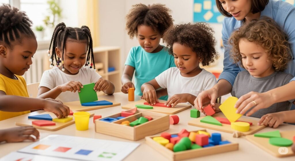 Um grupo diversificado de crianças em idade pré-escolar, algumas com tranças e outras com cabelo encaracolado, envolvidas ativamente numa atividade prática de aprendizagem centrada em formas geométricas. Elas utilizam formas de espuma macias e coloridas, blocos de madeira e plasticina colorida para criar e explorar várias formas geométricas num ambiente de sala de aula acolhedor e convidativo, projetado com elementos educativos lúdicos. O ambiente de aprendizagem incentiva a criatividade e o pensamento crítico, com uma professora simpática a ajudar e a guiar as crianças. A cena é banhada por uma luz natural suave, criando uma sensação de calor e vibração dentro da sala de aula. O foco está nos rostos das crianças, revelando sorrisos e momentos de descoberta enquanto aprendem de forma lúdica sobre formas geométricas através de materiais interativos e táteis, destacando a importância do envolvimento ativo na educação infantil.