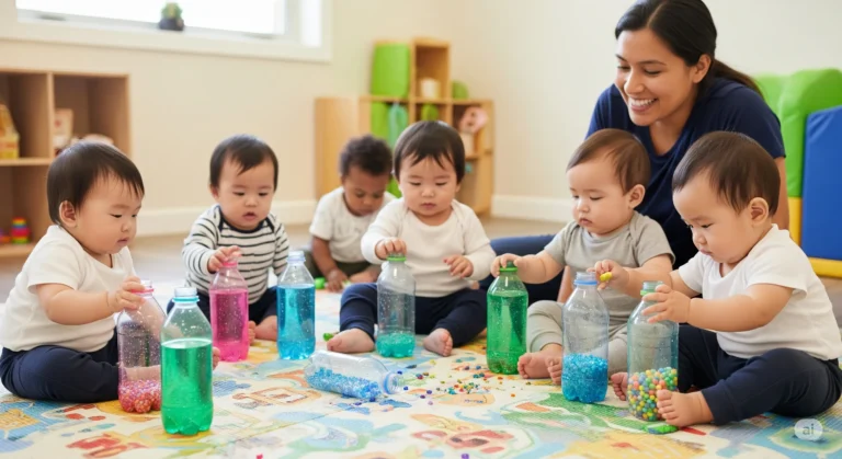 Bebês de 6 a 12 meses, de diferentes etnias, exploram garrafas PET transparentes recheadas de líquidos coloridos, purpurina e miçangas em um tapete macio de creche iluminada por luz natural, sob supervisão sorridente da professora, vivenciando atividade sensorial alinhada à BNCC.