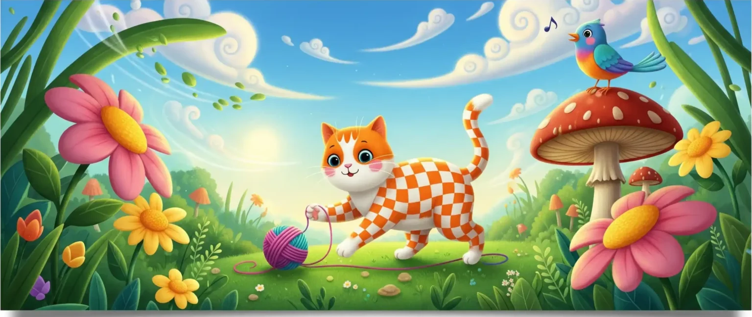 Ilustração vibrante de um gato xadrez colorido e brincalhão em um cenário de conto de fadas, com flores gigantes e um pássaro arco-íris, perfeito para um plano de aula infantil