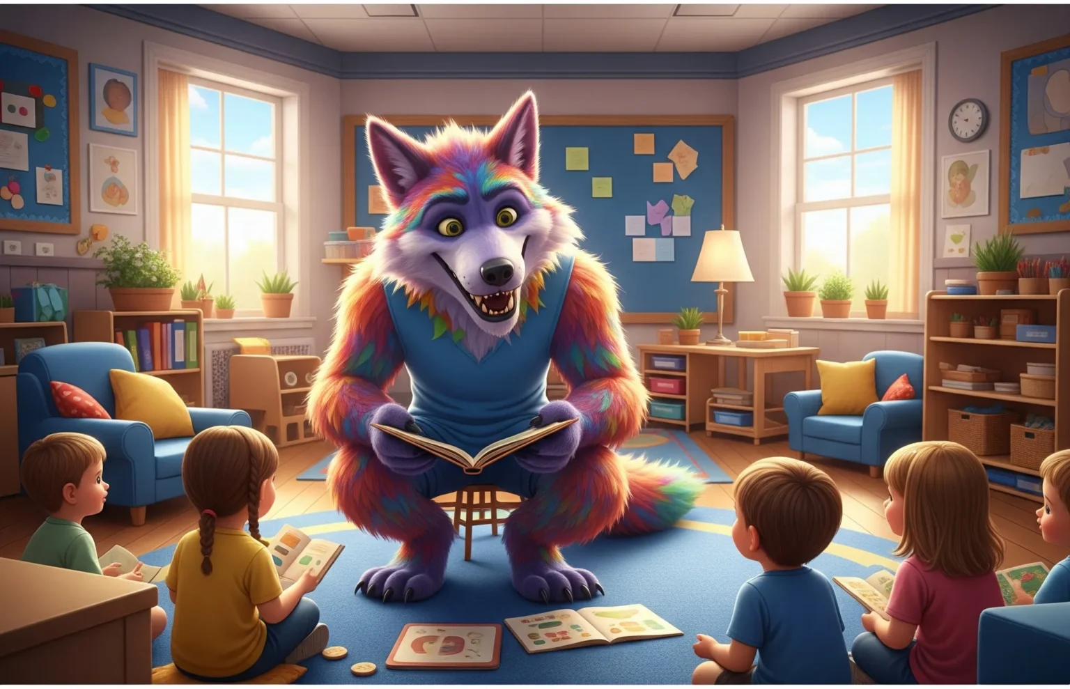 Lobisomem colorido e alegre interagindo com crianças em uma sala de aula de educação infantil, em formato widescreen.