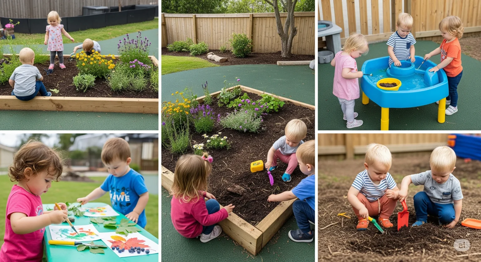 Crianças pequenas da creche explorando um jardim sensorial, pintando com elementos da natureza e brincando com água e terra em um ambiente lúdico e educativo sobre o meio ambiente, conforme um plano de aula alinhado à BNCC.