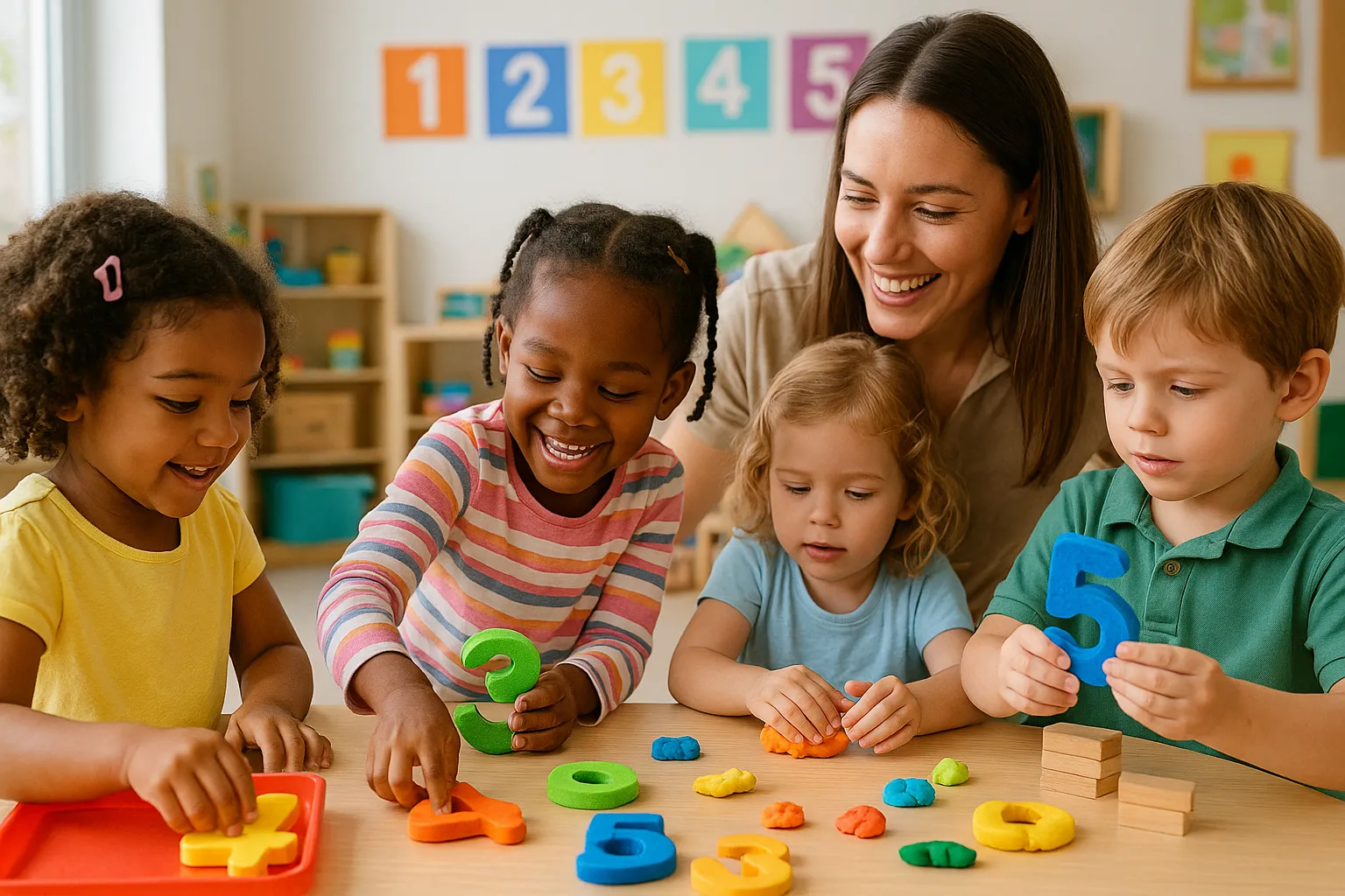 Um grupo diversificado de crianças em idade pré-escolar, algumas com tranças e outras com cabelo encaracolado, envolvidas ativamente numa atividade prática de aprendizagem centrada em números de 1 a 5. Elas utilizam blocos numéricos coloridos, cartazes e massinha para explorar os números num ambiente de sala de aula acolhedor e convidativo, projetado com elementos educativos lúdicos. O ambiente de aprendizagem incentiva a criatividade e o pensamento crítico, com uma professora simpática a ajudar e a guiar as crianças. A cena é banhada por uma luz natural suave, criando uma sensação de calor e vibração dentro da sala de aula. O foco está nos rostos das crianças, revelando sorrisos e momentos de descoberta enquanto aprendem de forma lúdica sobre números de 1 a 5 através de materiais interativos e táteis, destacando a importância do envolvimento ativo na educação infantil.