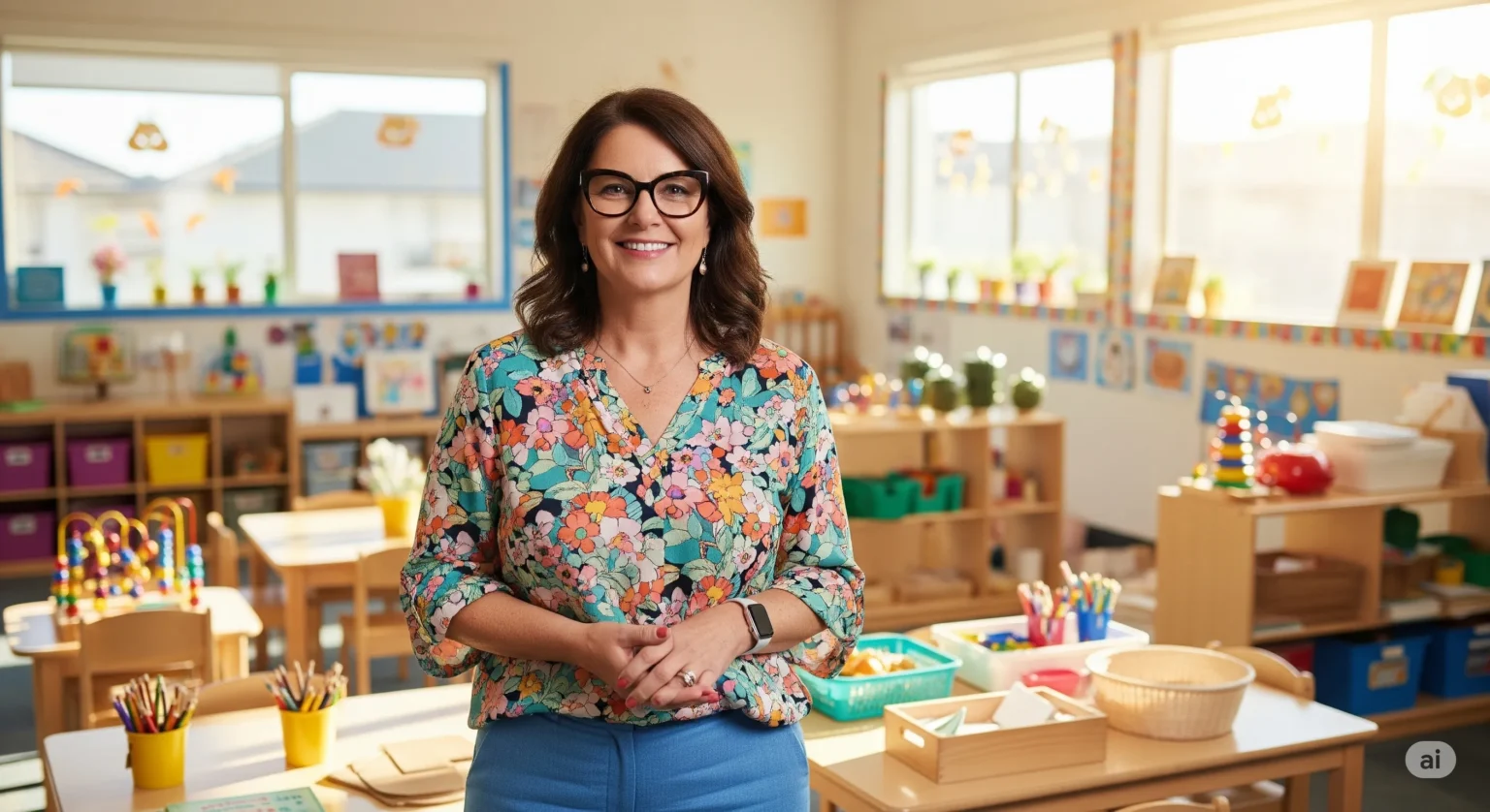 Uma linda professora da educação infantil em sua sala de aula
