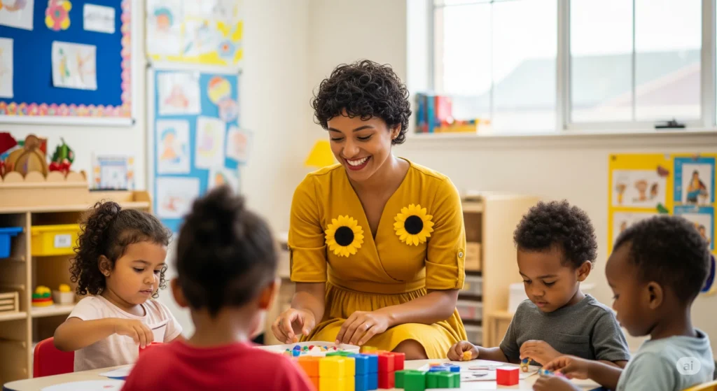 Uma professora da educação infantil realizando seu trabalho em sala de aula com seus alunos