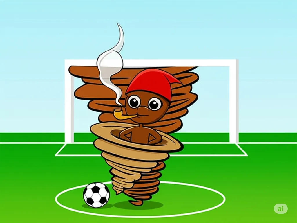 Uma ilustração vibrante em estilo cartoon do Saci-Pererê, um personagem do folclore brasileiro, girando dentro de um redemoinho de vento em um campo de futebol. O Saci, com sua pele escura, usa um gorro vermelho e uma tanga vermelha, exibindo um sorriso travesso. Ele está fumando um cachimbo de madeira, do qual sai uma fumaça cinzenta que se mistura ao redemoinho. O redemoinho é retratado em tons de marrom e bege, transmitindo movimento. Ao fundo, um campo de futebol com grama verde intensa e duas traves brancas é visível sob um céu azul claro com nuvens esparsas. A imagem é colorida e mantém as características lúdicas do personagem.