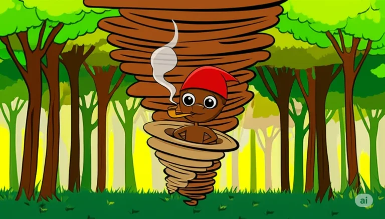 Uma ilustração vibrante e colorida de estilo cartoon do Saci-Pererê, um personagem do folclore brasileiro, girando dentro de um redemoinho de vento em uma floresta exuberante. O Saci tem pele escura, usa um gorro vermelho vibrante e shorts vermelhos, e tem apenas uma perna visível. Ele está fumando um cachimbo de madeira do qual sai uma fumaça cinzenta. O redemoinho de vento é retratado em tons de marrom e bege, criando um movimento dinâmico ao redor do personagem. O fundo é uma floresta densa e vívida, com árvores de tons variados de verde, marrom e folhagem densa. Manchas de luz solar filtram-se pela copa das árvores, adicionando um brilho amarelo à cena. A imagem é alegre e mantém as características caricatas do Saci, com cores ricas e um ambiente natural detalhado.