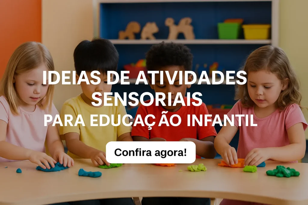 Crianças de diferentes etnias brincam com massinha colorida em uma sala de aula alegre, representando a prática de atividades sensoriais na educação infantil.