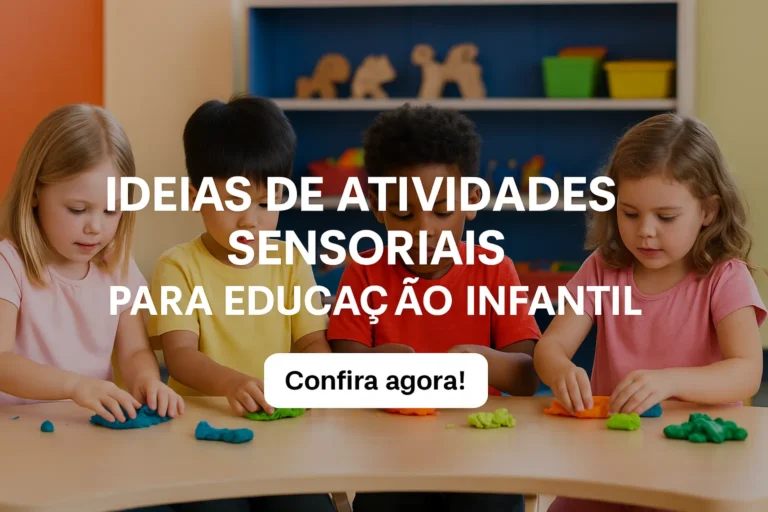 Crianças de diferentes etnias brincam com massinha colorida em uma sala de aula alegre, representando a prática de atividades sensoriais na educação infantil.