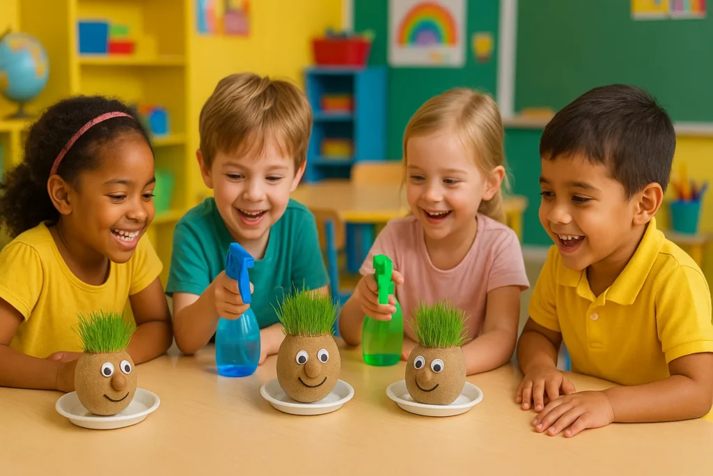 Crianças da pré-escola observando e cuidando de bonecos de alpiste em uma atividade lúdica sobre ciências e natureza