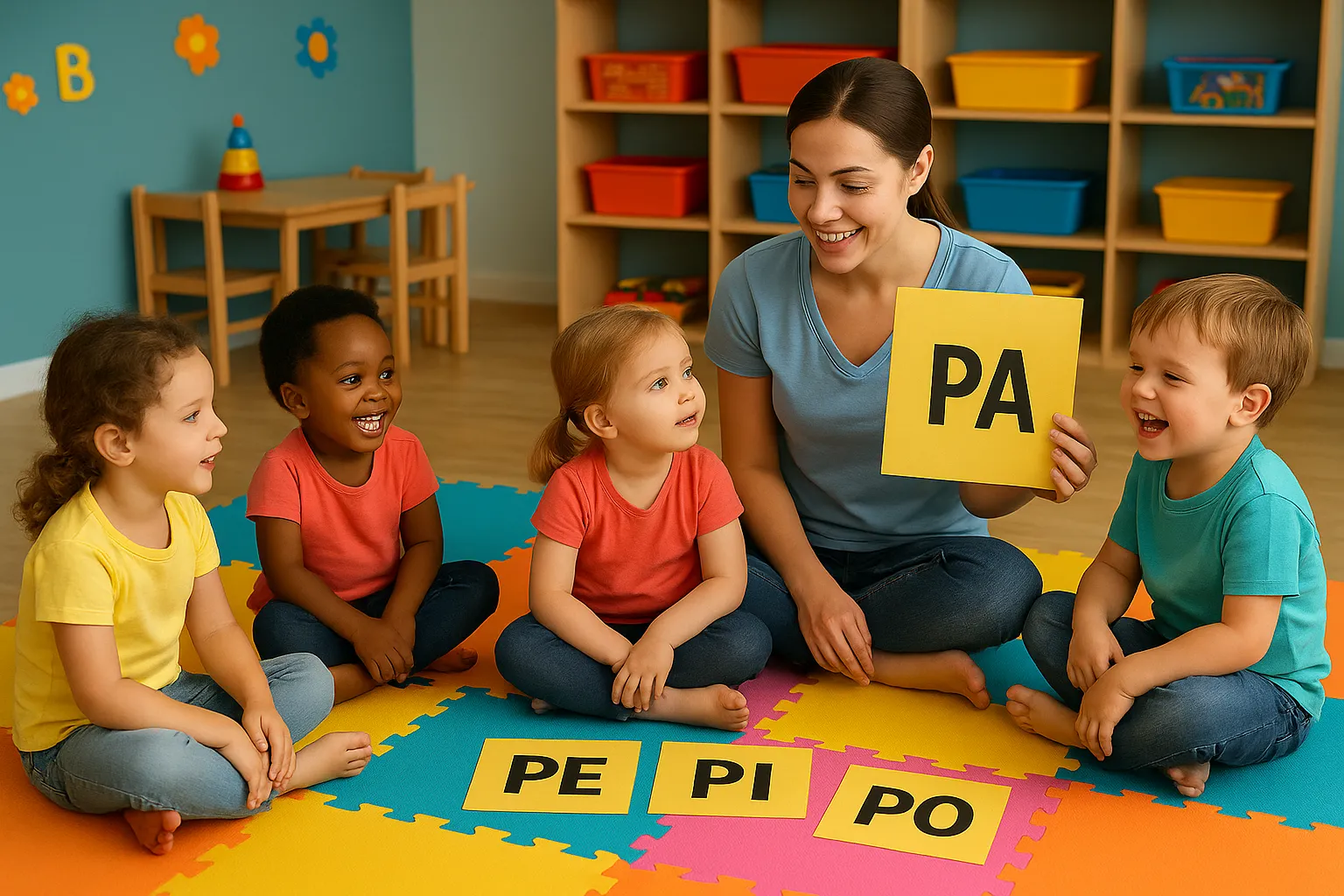 Professora e crianças da pré-escola participam de uma atividade de alfabetização com famílias silábicas em sala de aula colorida, sentadas sobre tapete de EVA enquanto exploram cartões com sílabas.