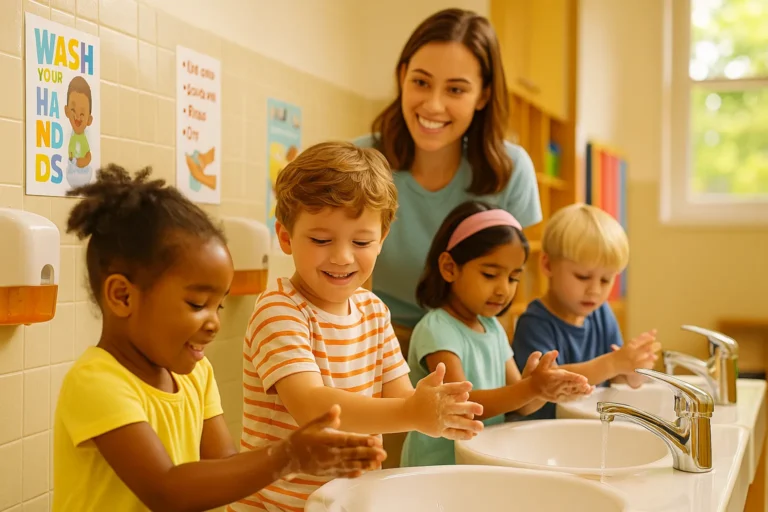 Crianças em idade pré-escolar lavando as mãos, orientadas pela professora, em ambiente colorido de sala de aula