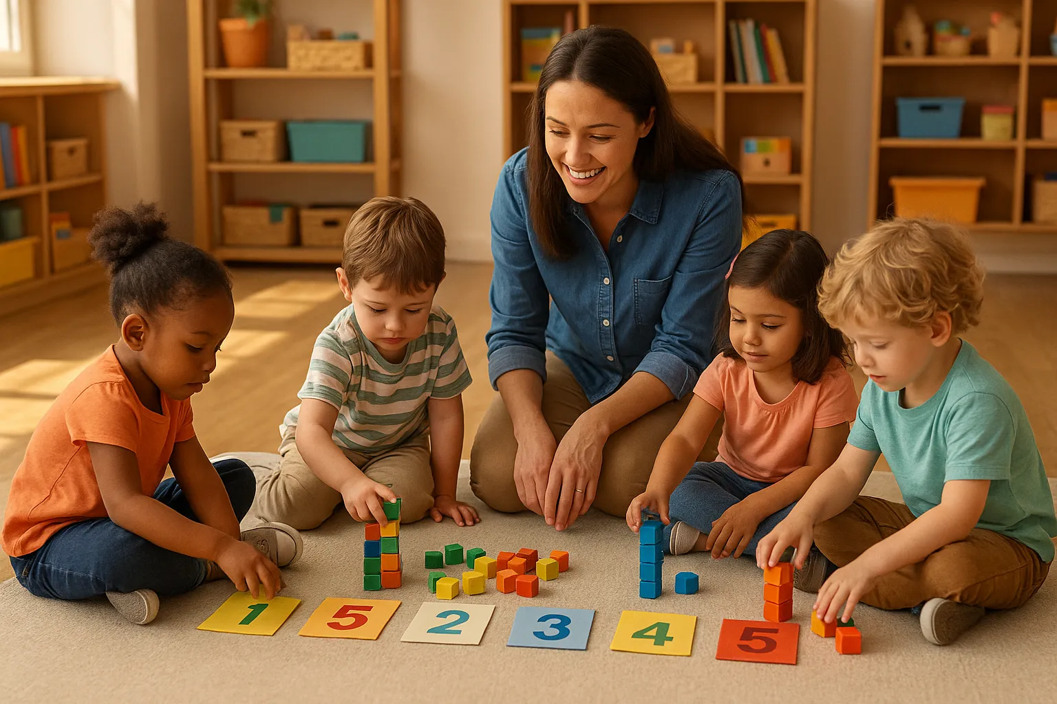 Professora orienta crianças em atividades lúdicas de matemática — contando moedas, empilhando blocos e medindo altura — em sala iluminada e organizada.