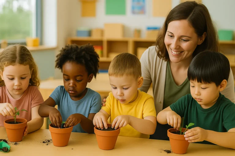 Professora sorridente orienta quatro crianças de etnias diversas enquanto elas plantam mudas em pequenos vasos de barro sobre uma mesa, em sala de aula iluminada por luz natural. Meio Ambiente na Educação Infantil.