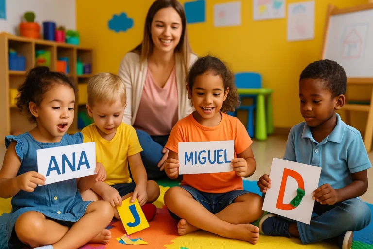 Crianças da creche participam de atividade de identificação do nome com colagem de letras e rodas de conversa, guiadas pela professora em sala de aula colorida e acolhedora.