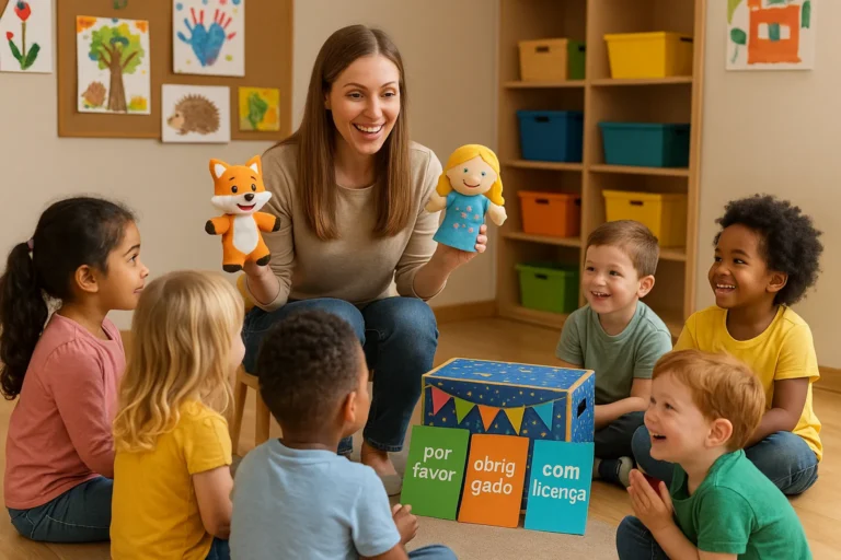 Crianças da pré-escola participando de uma roda de conversa sobre palavras mágicas com a professora, em um ambiente acolhedor e colorido.