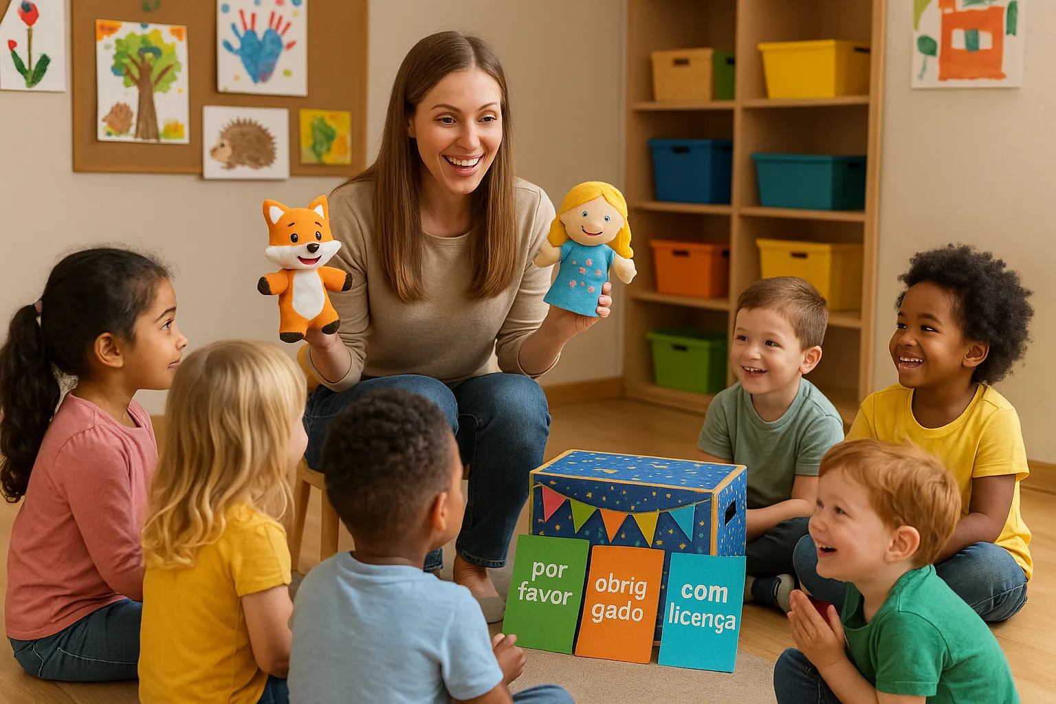 Crianças da pré-escola participando de uma roda de conversa sobre palavras mágicas com a professora, em um ambiente acolhedor e colorido.