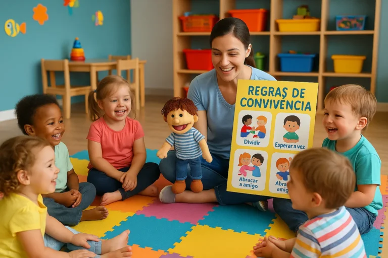 Crianças de creche em roda aprendendo regras de convivência com apoio visual e mediação afetiva da educadora