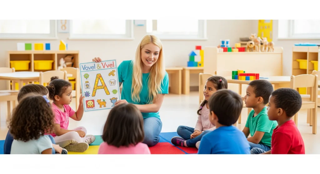 Professora segura cartaz com a letra A enquanto interage com crianças em círculo, durante aula lúdica sobre vogais na pré-escola, em ambiente colorido e educativo.