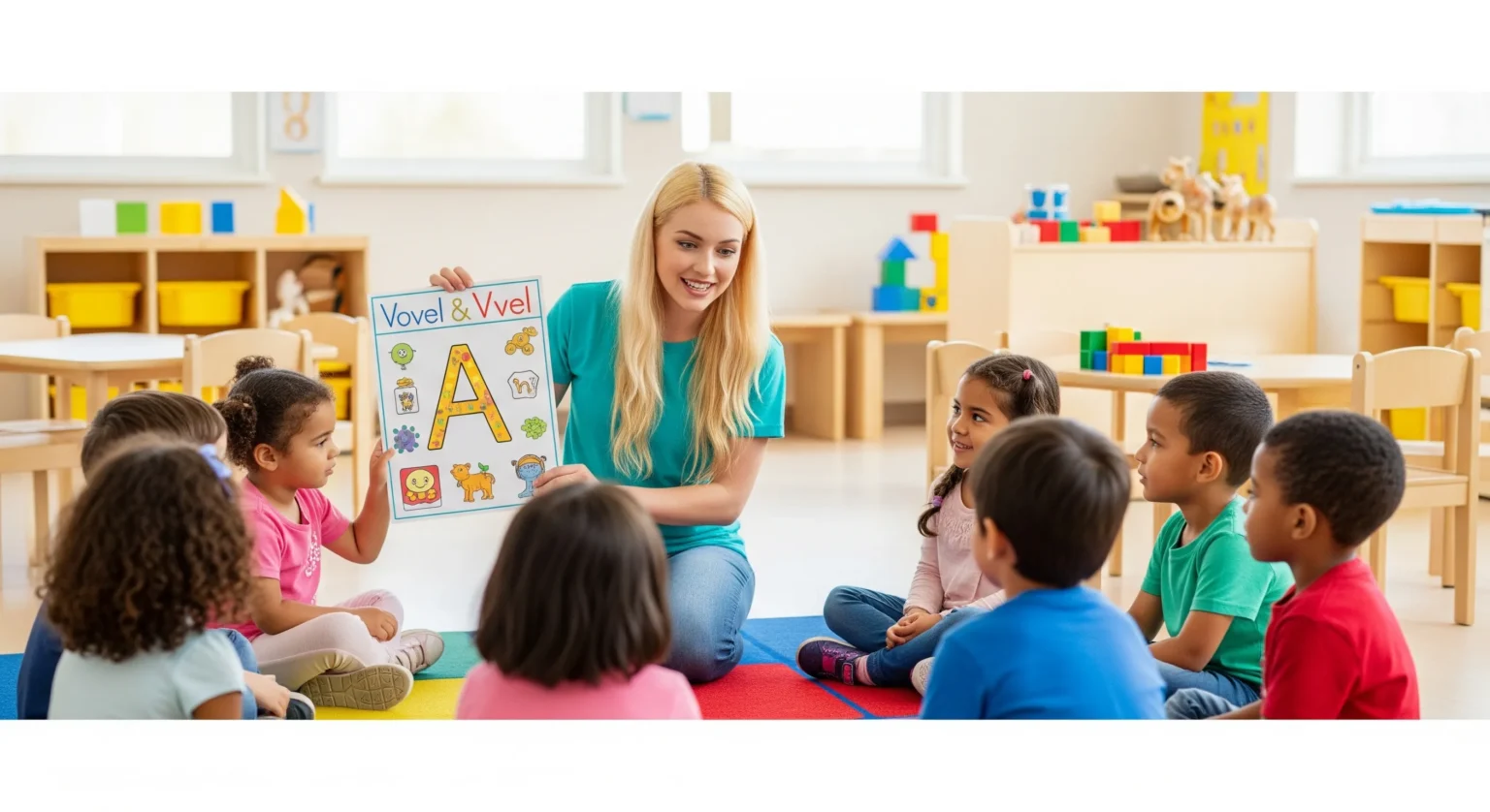 Professora segura cartaz com a letra A enquanto interage com crianças em círculo, durante aula lúdica sobre vogais na pré-escola, em ambiente colorido e educativo.